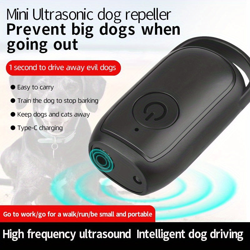 Mini Ultrasonic Dog Repeller with LED light and battery to scare dogs and stop barking.