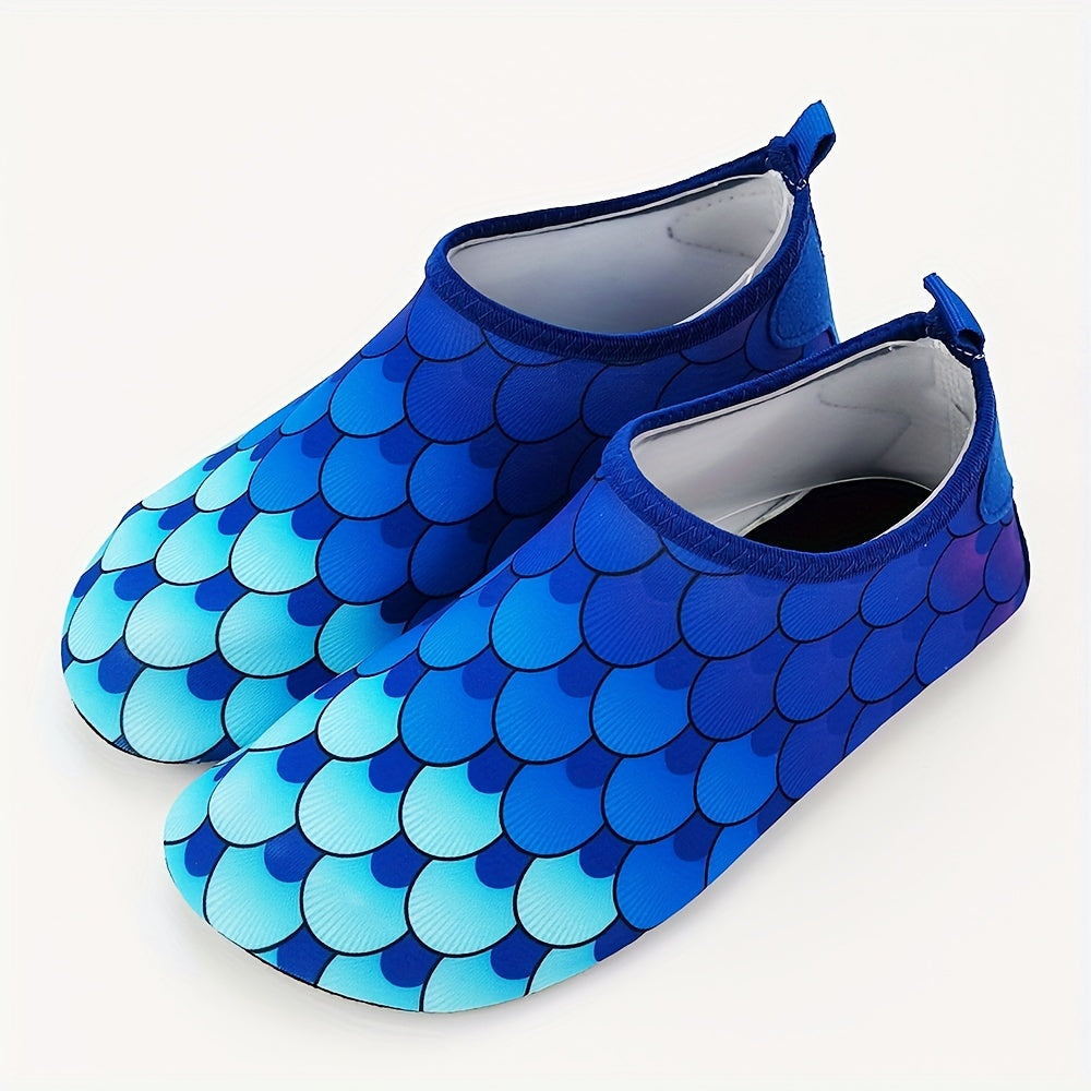 Colorful fish scale print slip-on water shoes for toddler girls, perfect for summer fun at the beach.