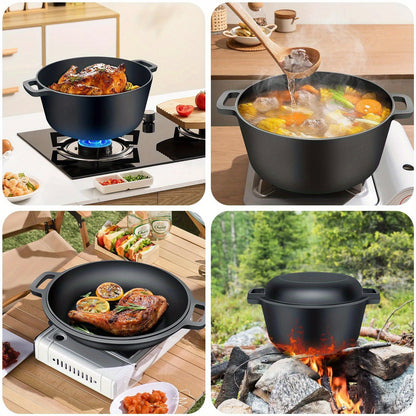 ITECHJOY Cast Iron Cookware Set includes two pieces of versatile 2-in-1 oven pots with lids, suitable for baking, cooking, and camping.