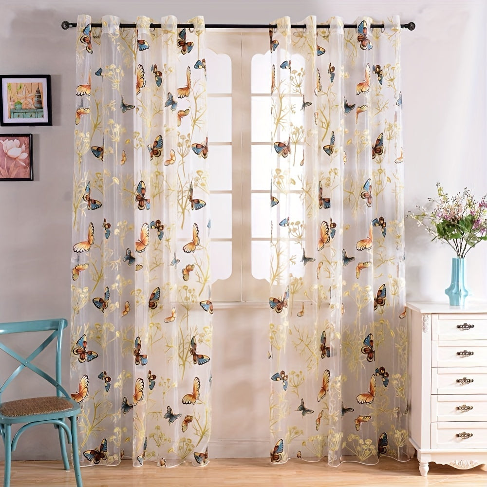 Elegant Butterfly Print Sheer Curtain with Grommet Top - Tulle Window Treatment for Bedroom, Office, Kitchen, Living Room, or Study - Stylish Home Decor Piece