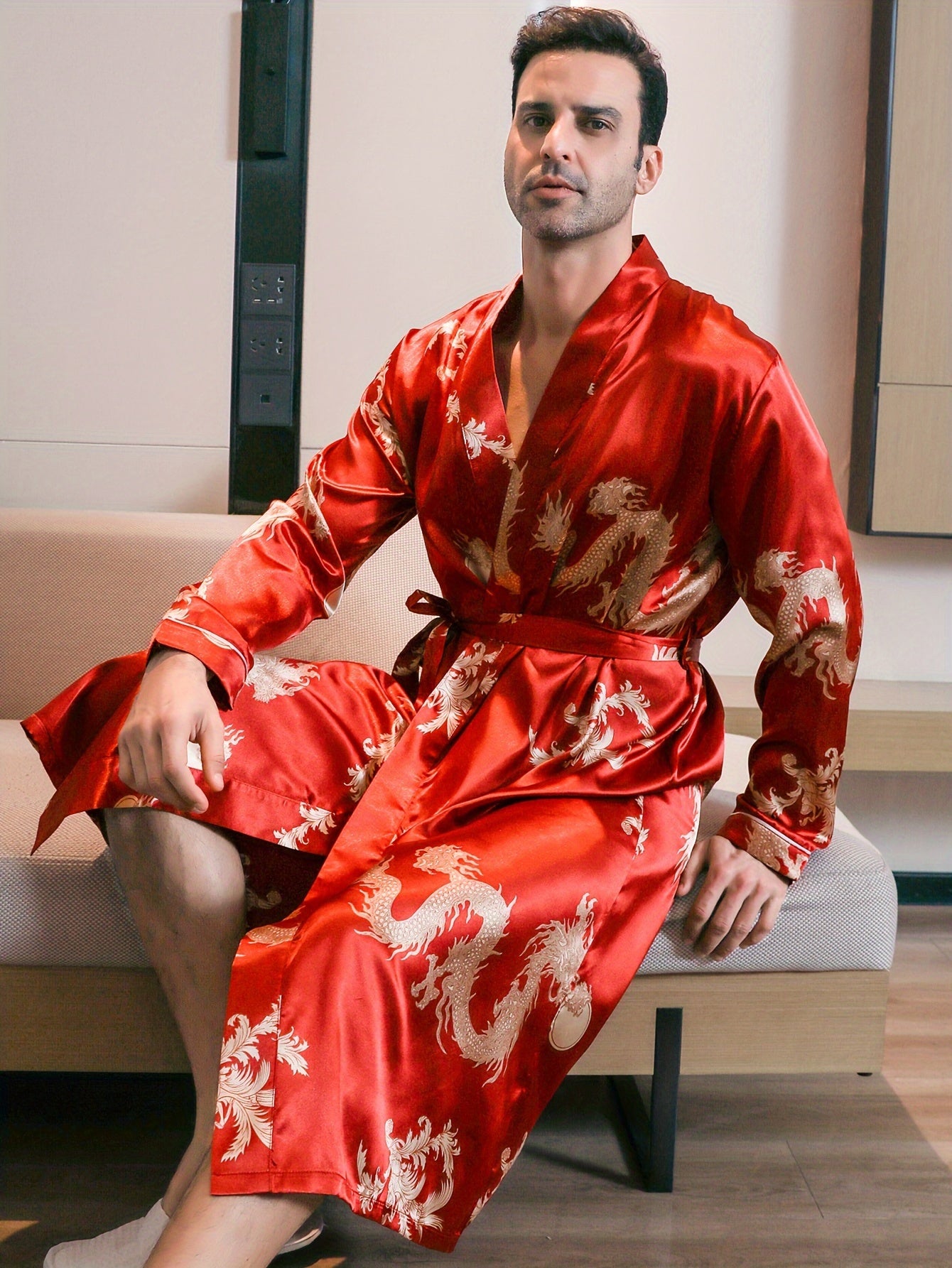 Men's long-sleeve robe with golden dragon print, ideal for loungewear or pajamas in any season.