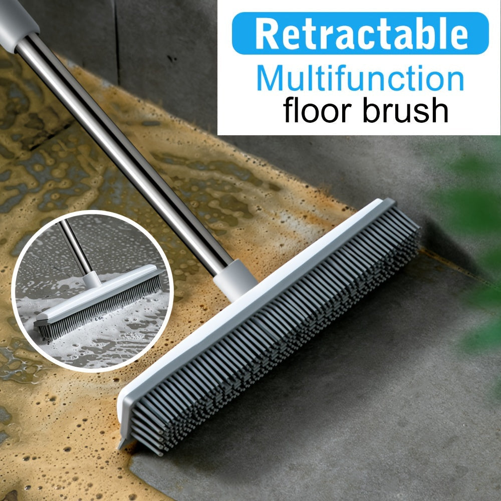 Extendable rubber broom with a scraper, made of stainless steel and silicone, designed for multi-function use on carpets, hardwood floors, tiles, and windows. This brush also functions as a retractable pet hair removal tool, perfect for use in the living