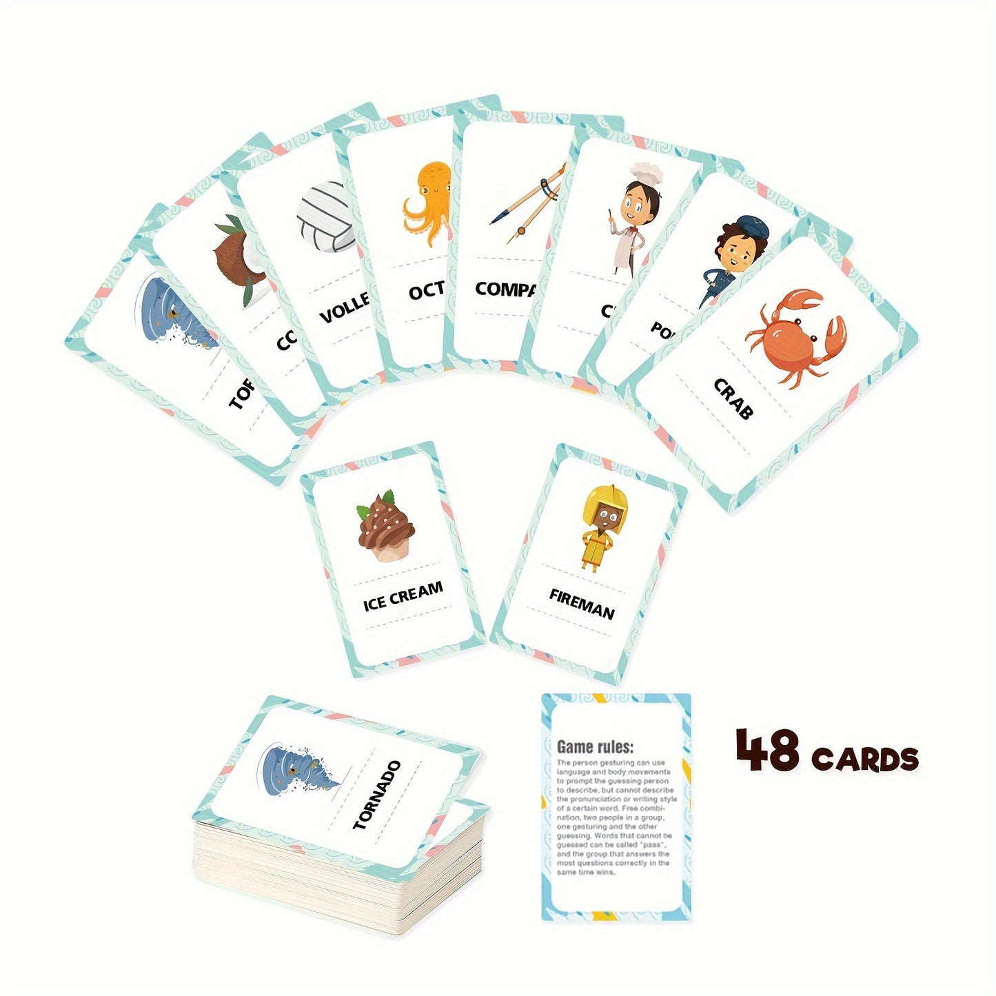 Family guessing card game for gatherings, includes headbands, 50 cards, durable stock.