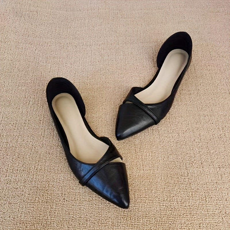 Women's black pointed-toe flats with side cut-out design, soft PU cover upper, lightweight PVC sole, comfortable slip-on shoes for all-day wear. Ideal for everyday wear. Minimalist and cute.