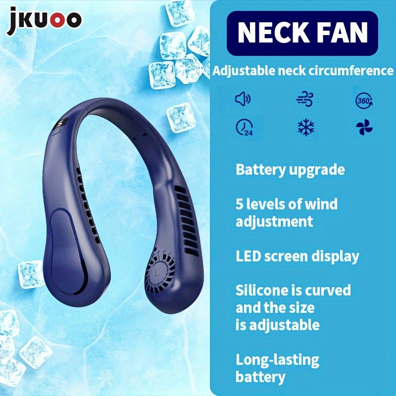 Top Pick: JKUOO Ultra-Quiet Neck Fan - Rechargeable via USB, 5-Speed Adjustments, Rapid Cooling with Comfortable Silicone Handle, Ideal for Home, Work, Travel, and Exercise