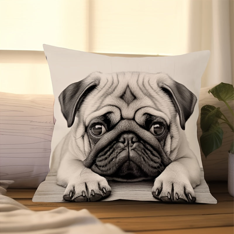 Double-sided throw pillow cover featuring an adorable pug design, measuring 44.96x44.96cm. Made of decorative polyester, this cushion case is ideal for the home and living room. A perfect gift for dog lovers and pug moms, this cover includes a zip