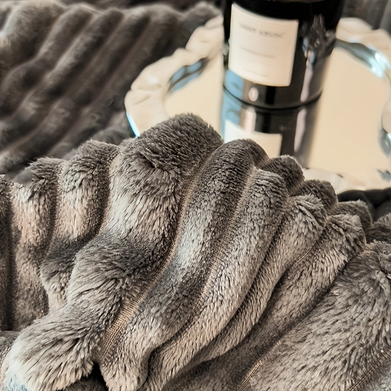 Contemporary Carved Velvet Throw Blanket with Double-Sided Faux Rabbit Fur - Soft, Warm, and Machine Washable. Ideal for Bedroom, Living Room, Dorm, Travel. Suitable for All Seasons. Made from Polyester Knit Fabric with a weight of 300-350gsm.