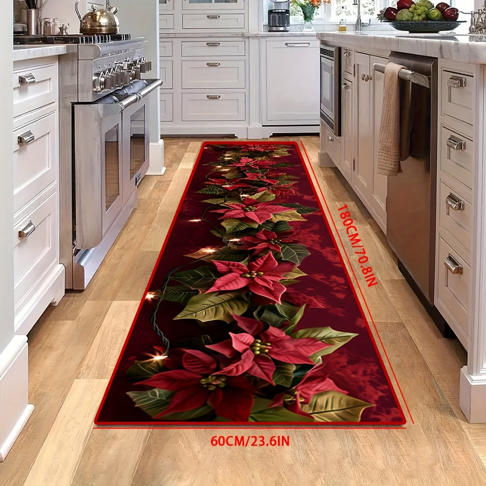 Festive Christmas Poinsettia Pattern Long Runner Rug in 1 Piece, Made of Polyester with Non-Slip Stain Resistant Features, Machine Washable Carpet, Soft and Comfortable Floor Mat with Anti-Slip Backing for Home Party Decor or Holiday Gift option.