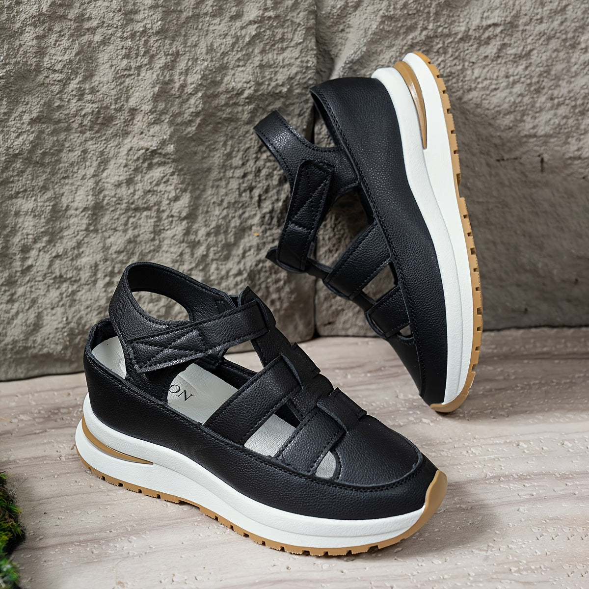 Women's platform sandals with invisible height increase, magic tape closure, faux leather upper, and non-slip rubber sole.