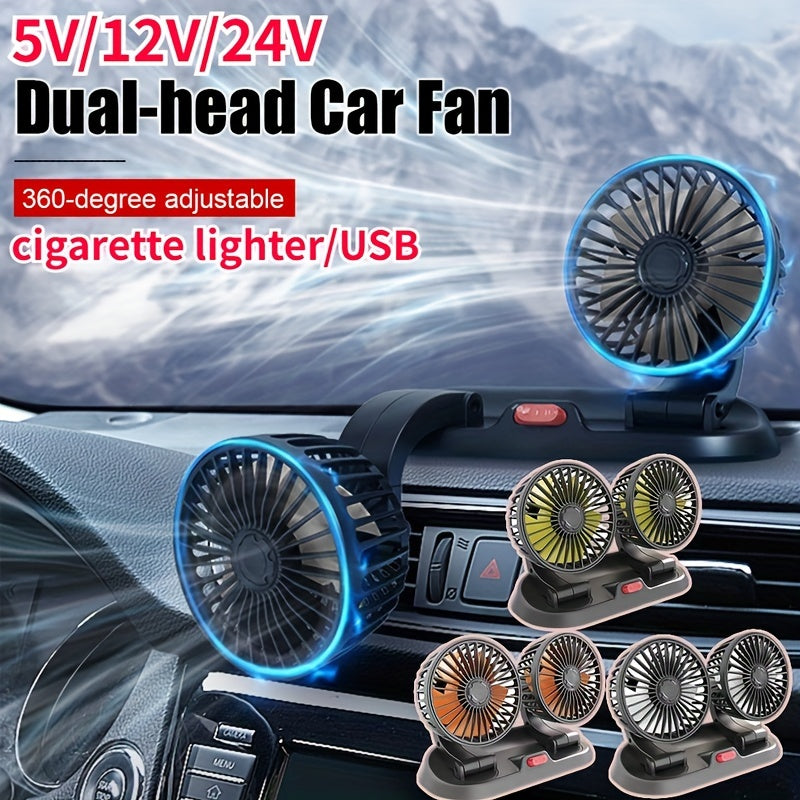 EAFC Dual-Head Car Fan with 360° Adjustable Design - USB & Cigarette Lighter Powered, 2 Speeds, Compact & Easy to Clean, Ideal for Cars, Trucks, SUVs - Black, Portable Fan