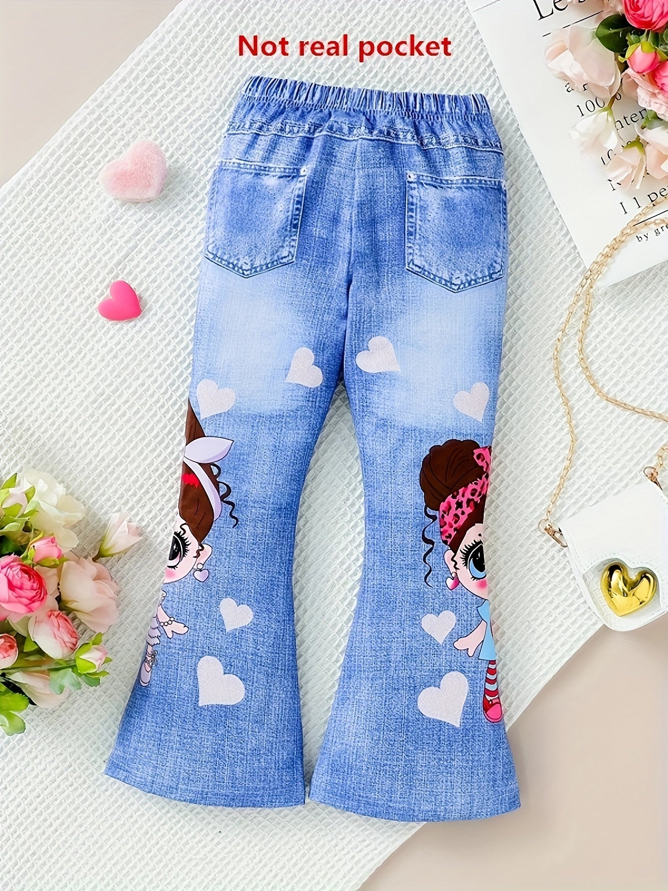 Imitation denim print flare pants with cartoon girl graphic, faux pockets for party gift.