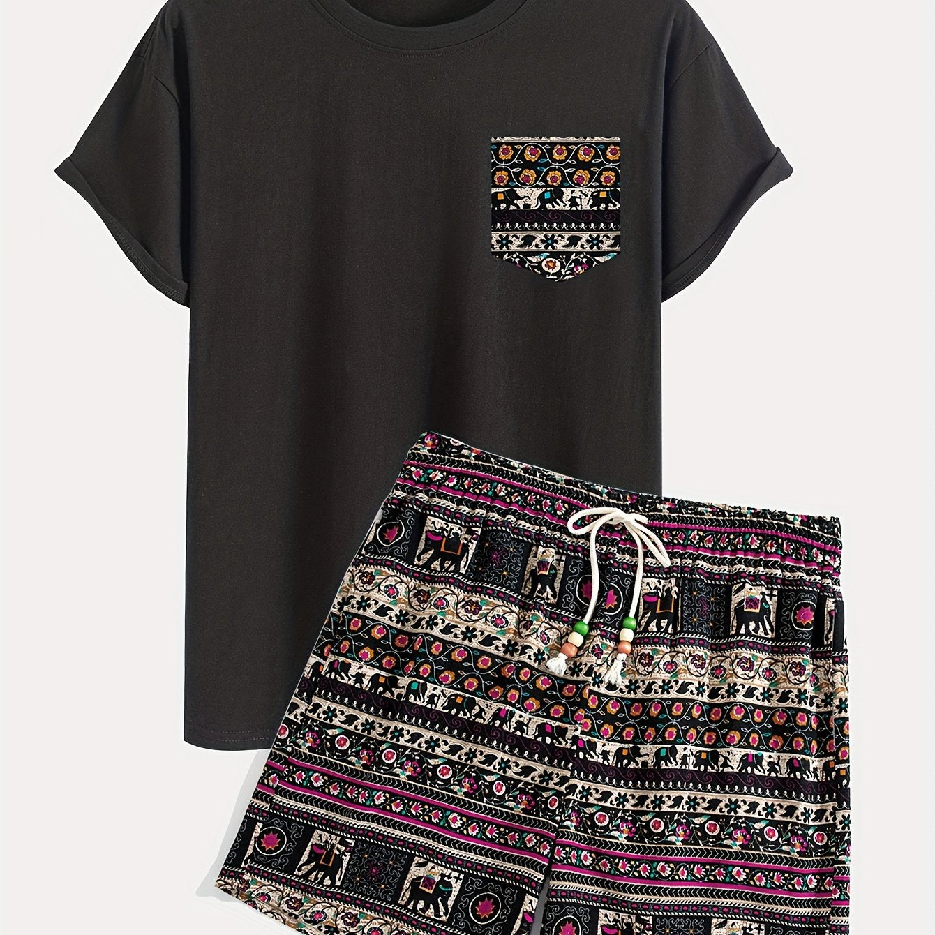 Boho Tribal Print Cotton T-Shirt and Shorts Set, Loose Fit, Crew Neck, Drawstring Bottoms, Knit Fabric, Spring Outfit.