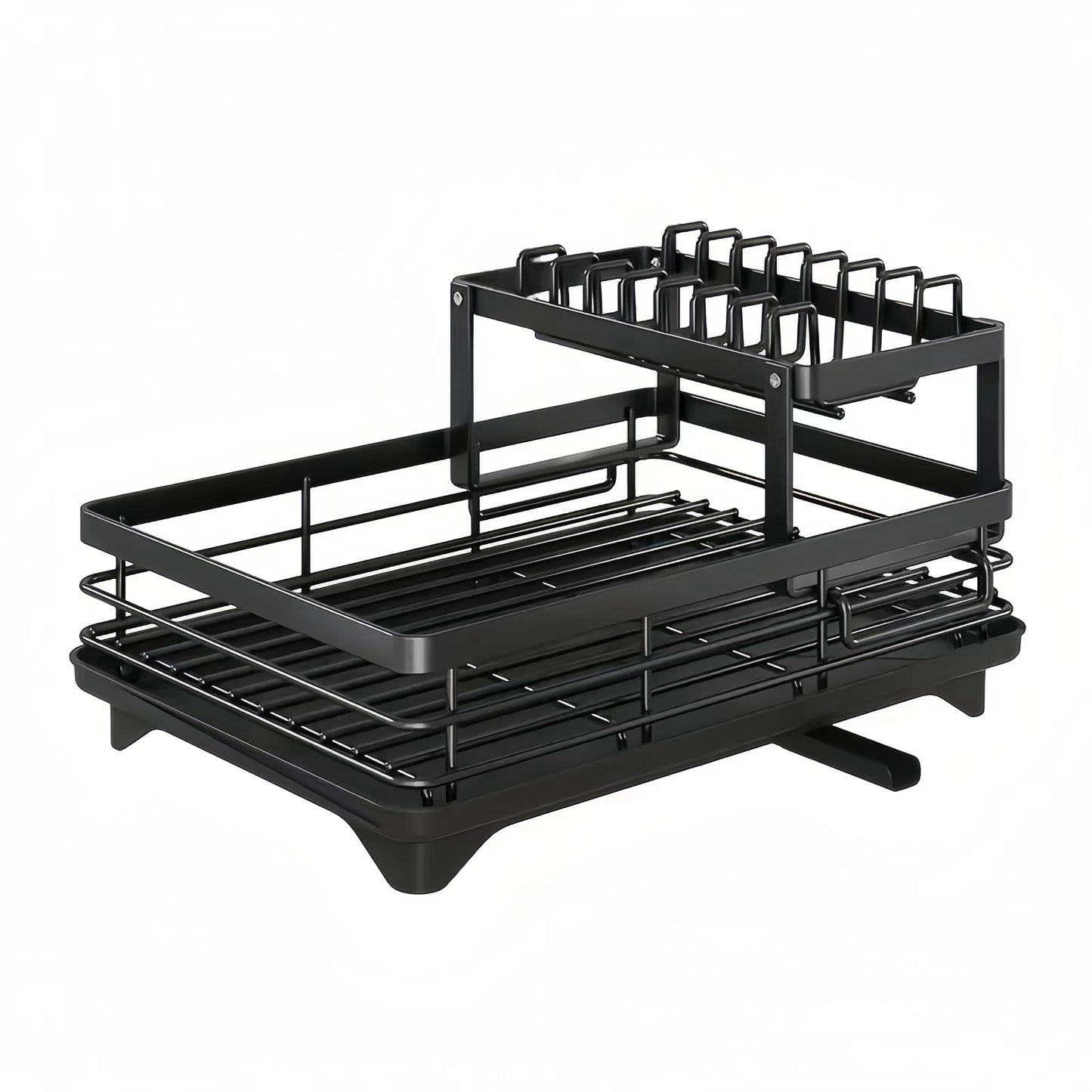 Compact double layer dish rack with drain board - high capacity, stackable & easy to clean, with cup and cutlery holder - ideal for kitchen organization.