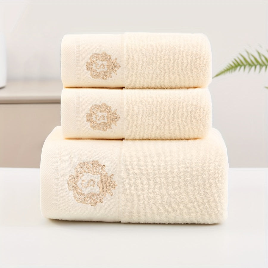 Modern, soft cotton towel set with embroidered character design and luxury crown motif. Highly absorbent, 450 GSM knit fabric. Perfect bathroom gift collection.