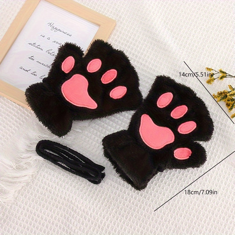 [Customer Favorite] Adorable Cozy Cat Paw Fingerless Gloves - Featuring a Cute Cartoon Design, Made with Soft Cotton Blend Material, Stay Warm and Stylish for Winter Casual Outings - Black with Pink Heart Details, Open Finger Design, Perfect for Girls