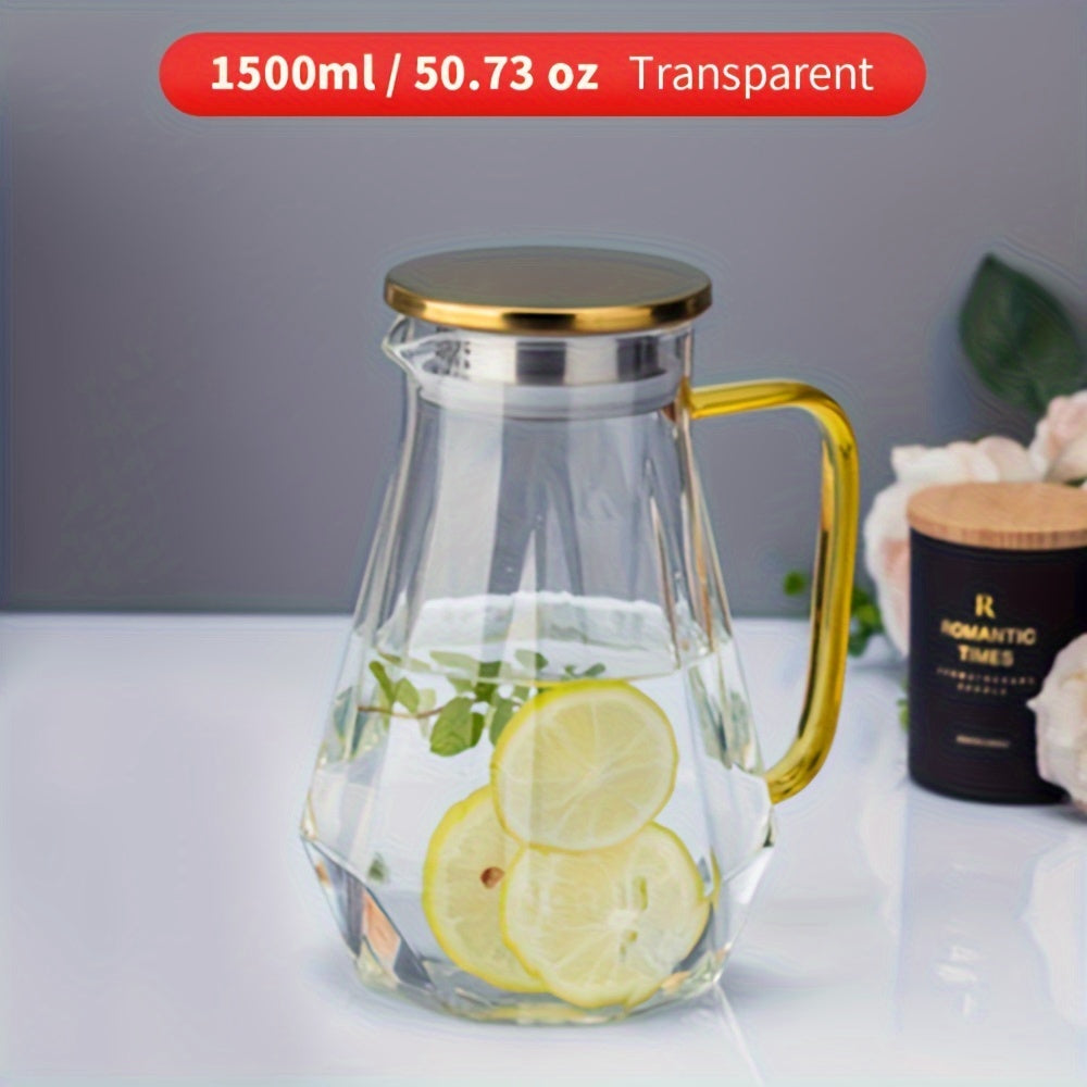 1pc, 1500ml Geometric Glass Pitcher with Lid, Heat Resistant for Hot and Cold Beverages.