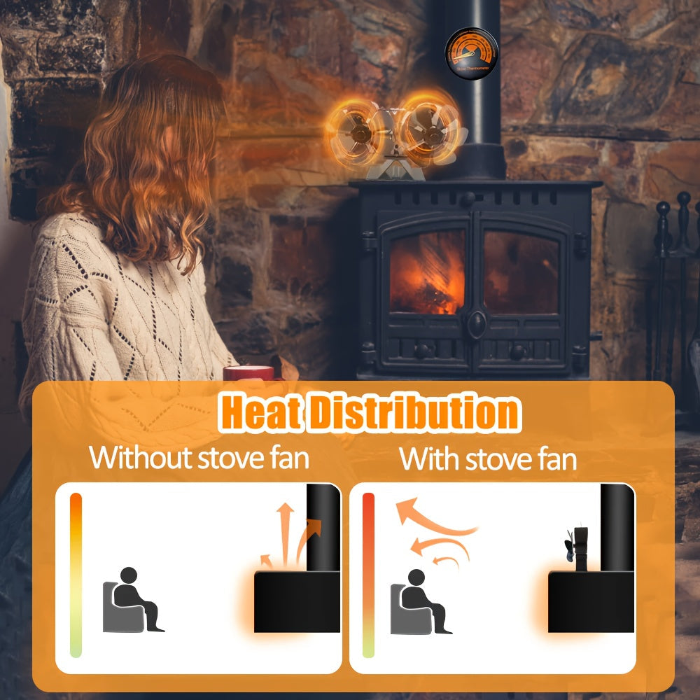 Efficiently distribute heat with the Dual-Head 12-Blade Wood Stove Fan - Non-Electric, Heat-Powered with Thermometer. Perfect for log burners and fireplaces.