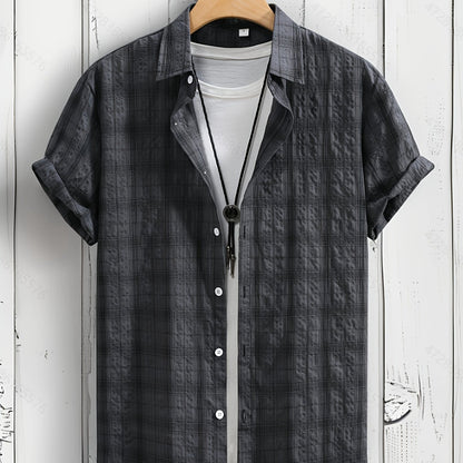 Men's summer casual plaid shirt with short sleeves, lapel collar, and regular fit. Made of 60% polyester, 34% cotton, and 6% rayon non-stretch woven fabric. Suitable for outdoor hiking and