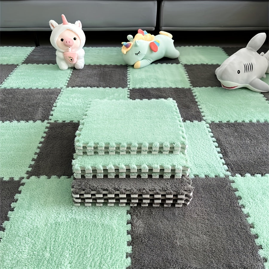 Soft and fluffy area rug set consisting of 36 plush interlocking foam tiles. Hand washable and machine made with polyester and EVA materials. Non-slip modular carpet perfect for living room or bedroom. Each tile measures 29.97 x 29.97 cm.