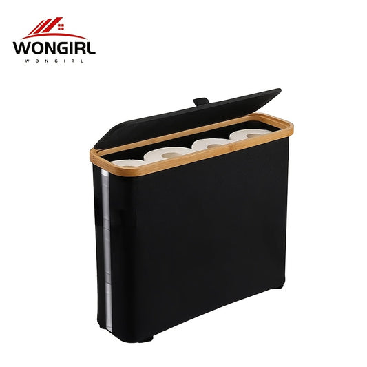 WONGIRL Black Bamboo Toilet Paper Holder with Storage Basket - Sleek Bathroom Organizer for Home & Office, Fragrance-Free