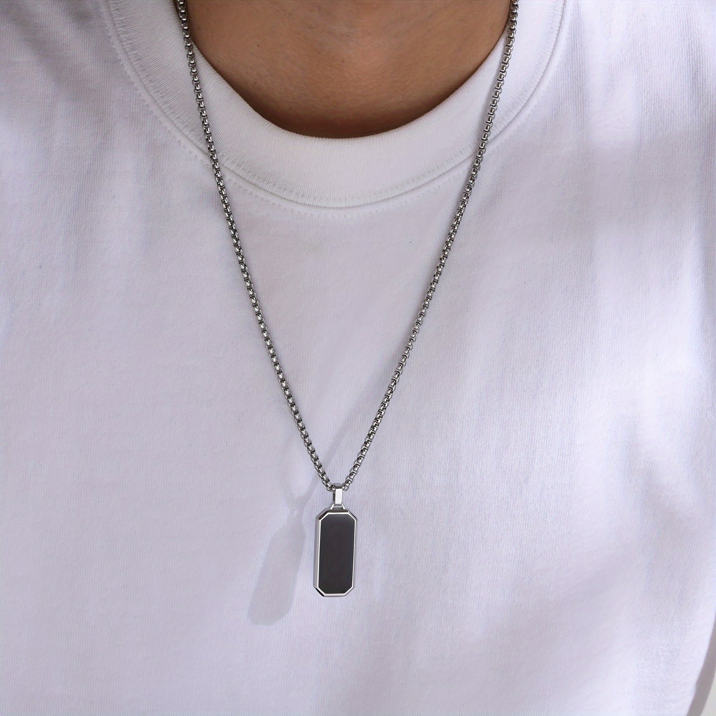 Stylish Men's Stainless Steel Necklace with Black Enamel Pendant - Durable and Ideal Gift for Him