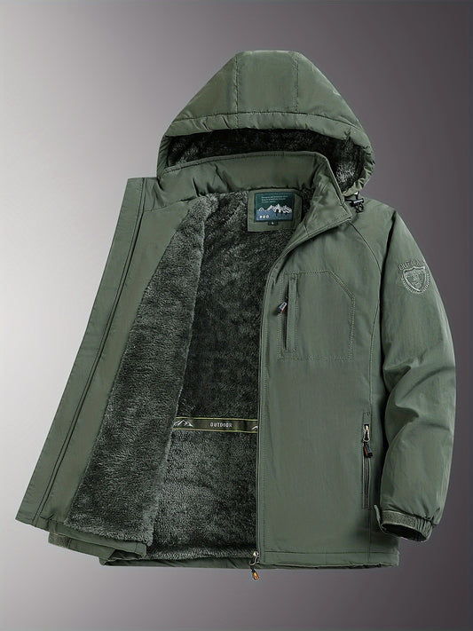 Men's warm fleece-lined outdoor jacket with embroidered design, perfect for fall and winter mountaineering.