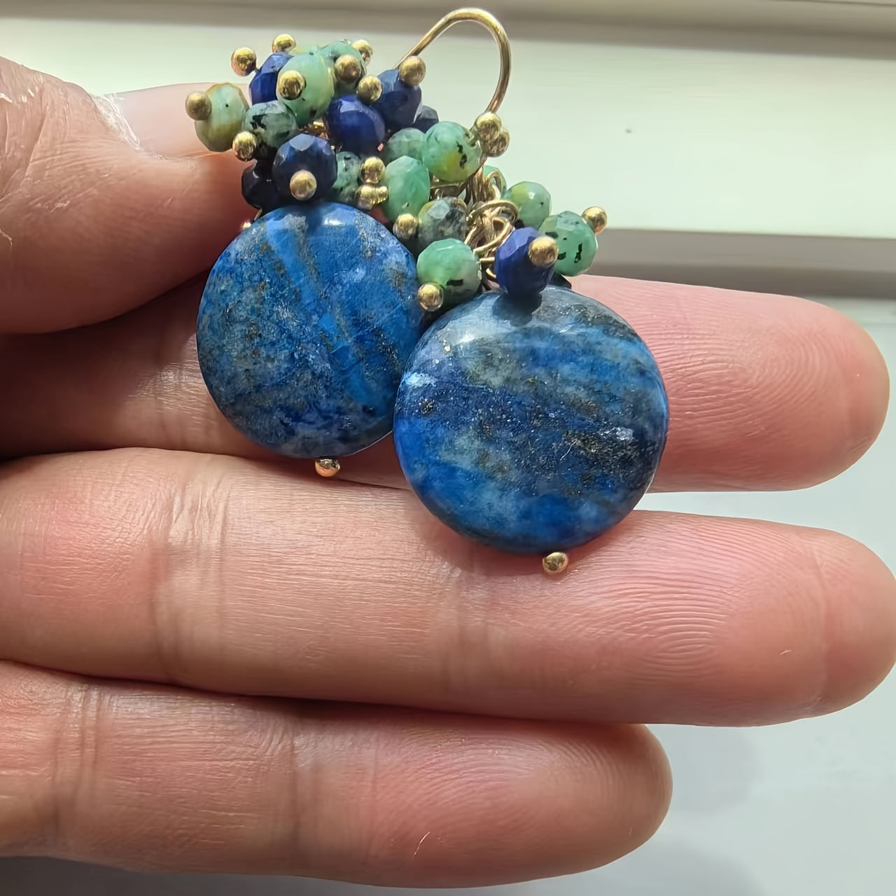 Stylish Antique-Inspired Gemstone Cluster Earrings - Deep Blue Denim & Emerald Green, Hanging Lapis Lazuli with African Turquoise Details for Casual and Special Occasions