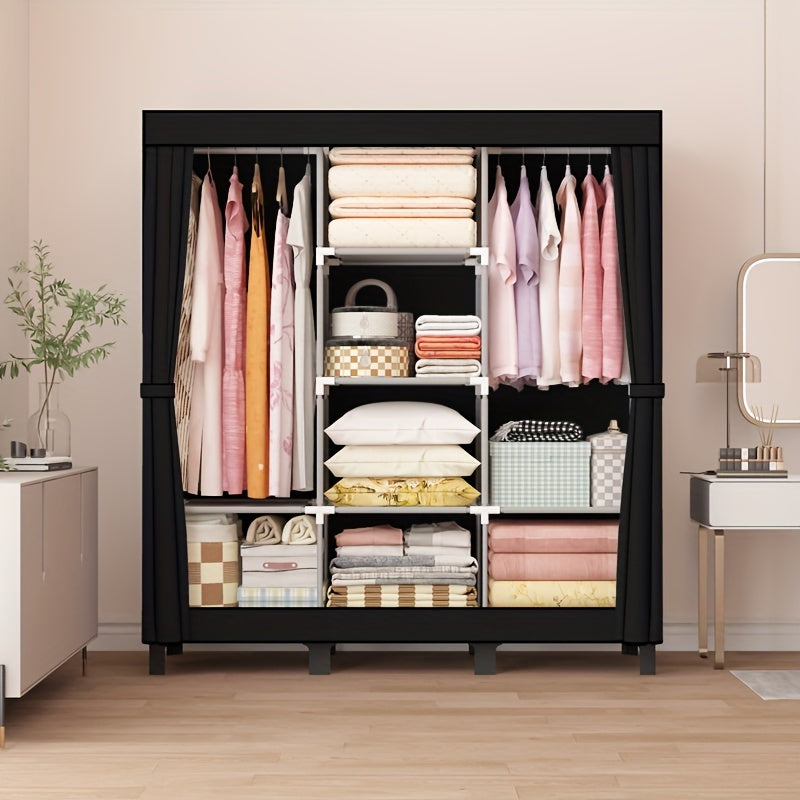 Modern Black Fabric Wardrobe by OUMYJIA, Durable Steel Frame, Multi-Layer Storage System for Rental Properties, Dorms, and Homes. Includes 12-16mm Metal Pipes for added stability. Easily Portable Closet Solution.