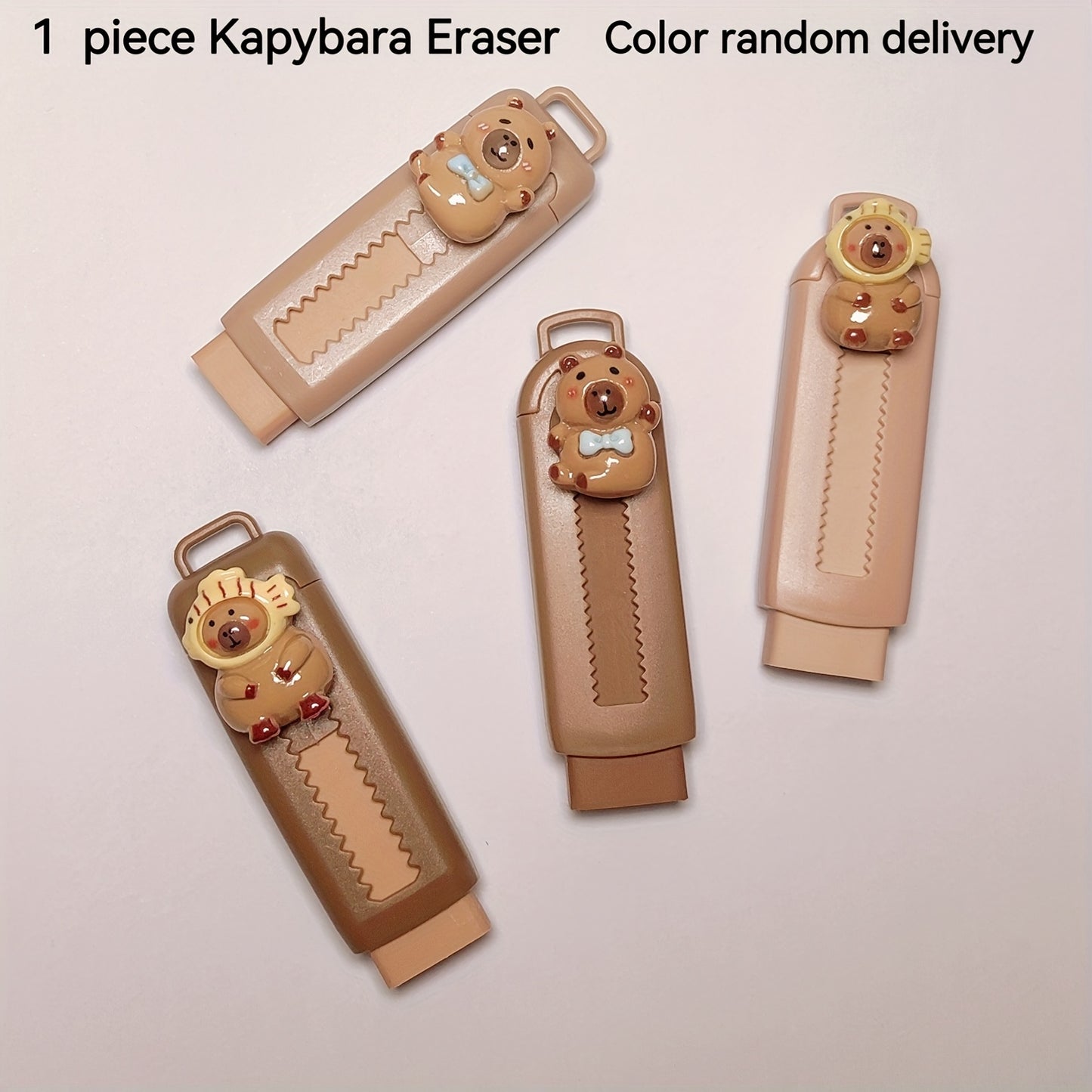 Capybara theme eraser with push-pull design, high-quality synthetic rubber, durable plastic, plain ruling, no feathers, random color delivery.