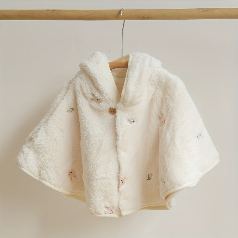 Children's hooded cape with outer coral velvet and inner linen, featuring a thickened design for windproof protection. This high-end cloak includes an embroidered pattern, perfect for keeping your baby warm and stylish during outings.