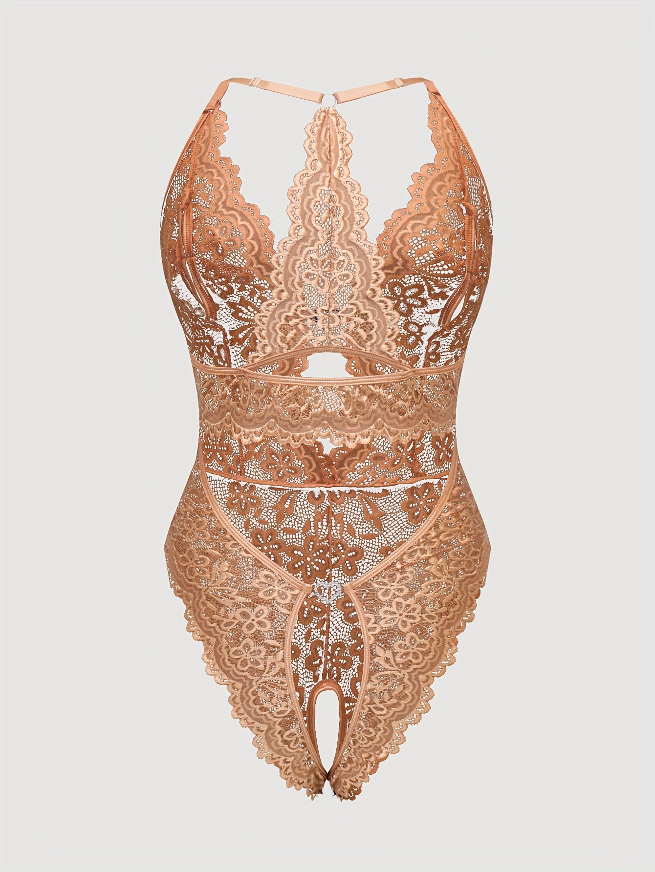 Heart-shaped deep V lace bodysuit with open crotch and sheer back, made from nylon and elastane blend.