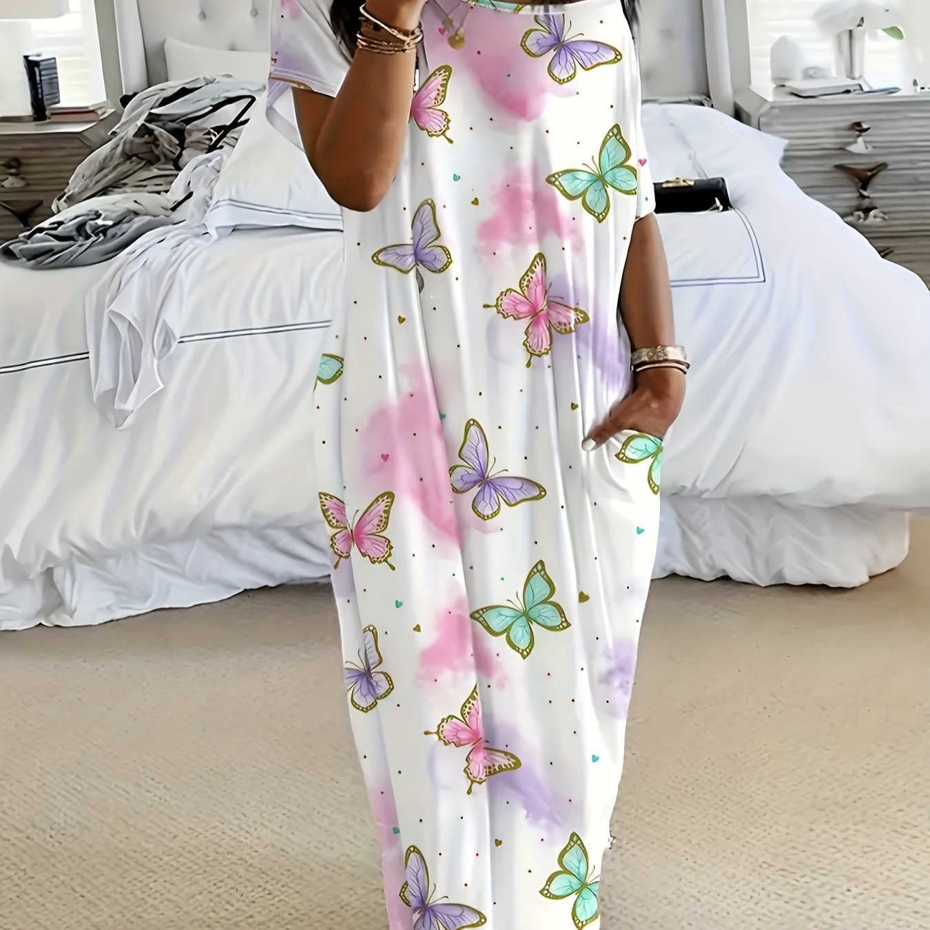 Casual maxi dress with butterfly print, boat neck, and pockets for women, perfect for lounging or as a nightgown.