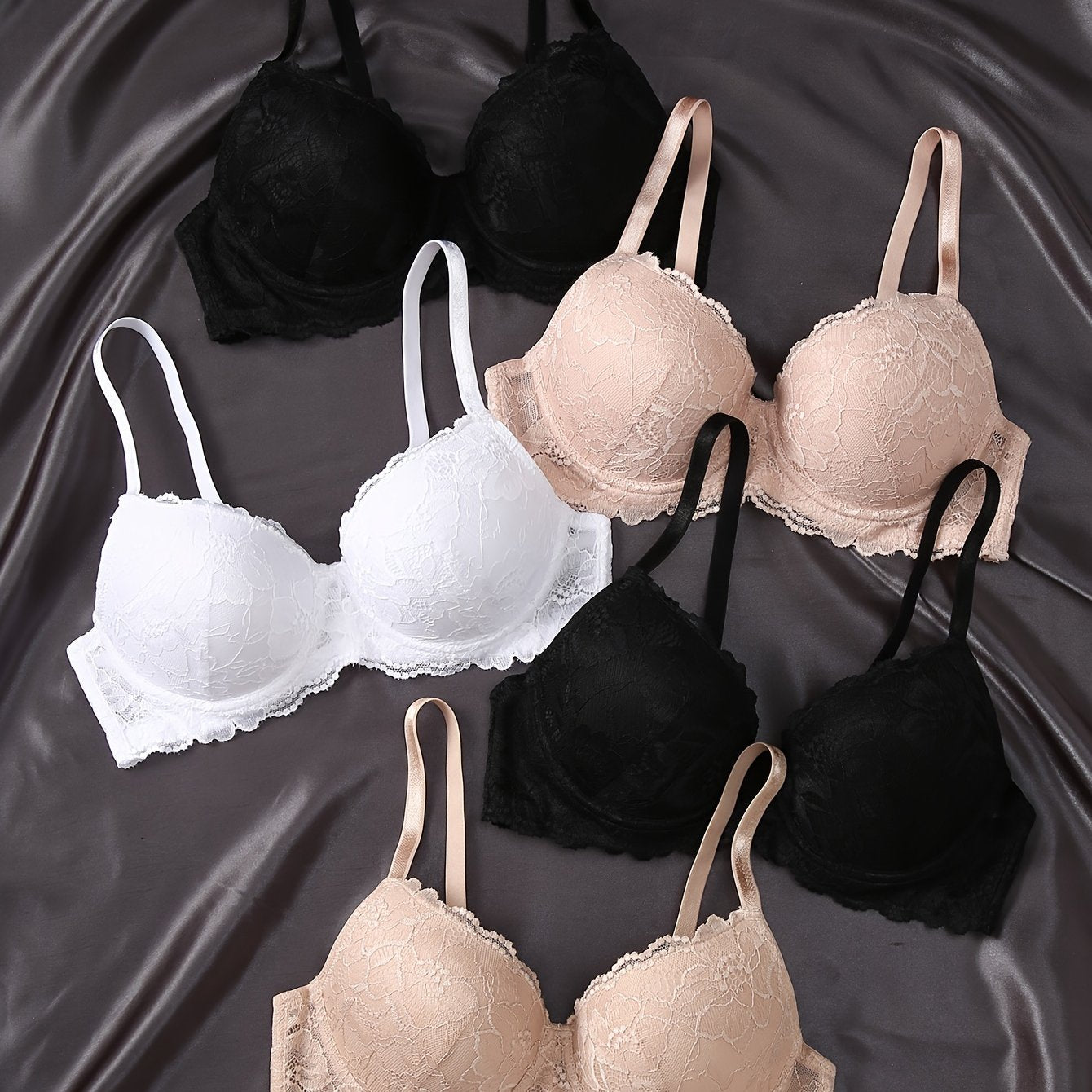 5 lace push-up bras with contrast detailing, comfortable and breathable intimates for women.