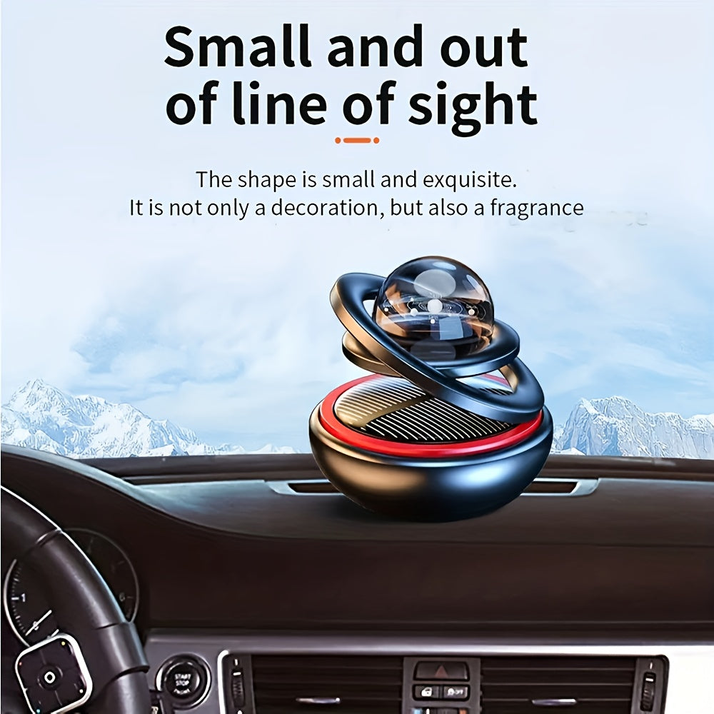 Solar-powered rotating car air freshener with original scented perfume for decoration and aromatreatment in car interiors, suitable for both men and women.