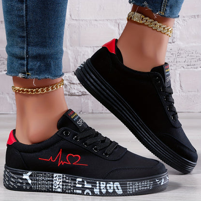 Women's heart pattern lace-up shoes, comfy sneakers for outdoor wear.