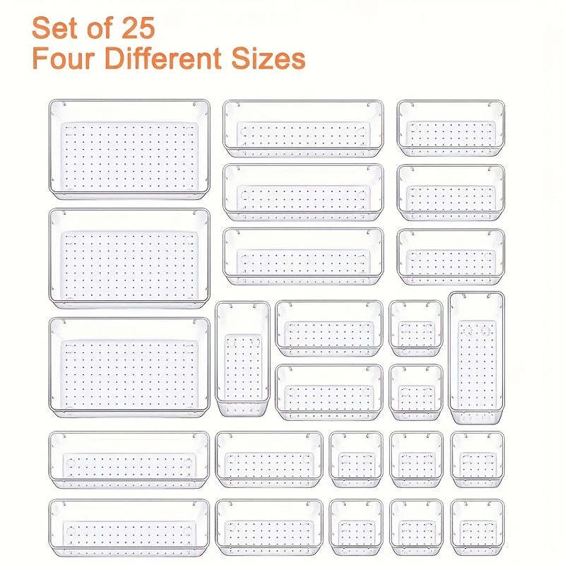 Stackable clear drawer organizer set in 4 sizes for versatile storage of makeup, skincare, stationery, and more. Perfect for bathroom vanity, kitchen, office, and bedroom. Great holiday