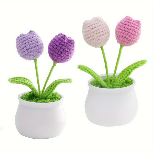 Handmade crochet tulip flower pots, realistic faux floral design - ideal gift for loved ones. Perfect for home decor and special occasions. Anime-themed, fabric material - no power needed. Great for home and kitchen décor.