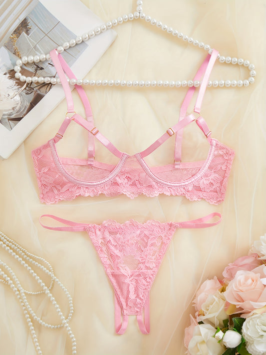 Floral lace lingerie set with open cup bra and crotchless thong, women's sexy underwear.