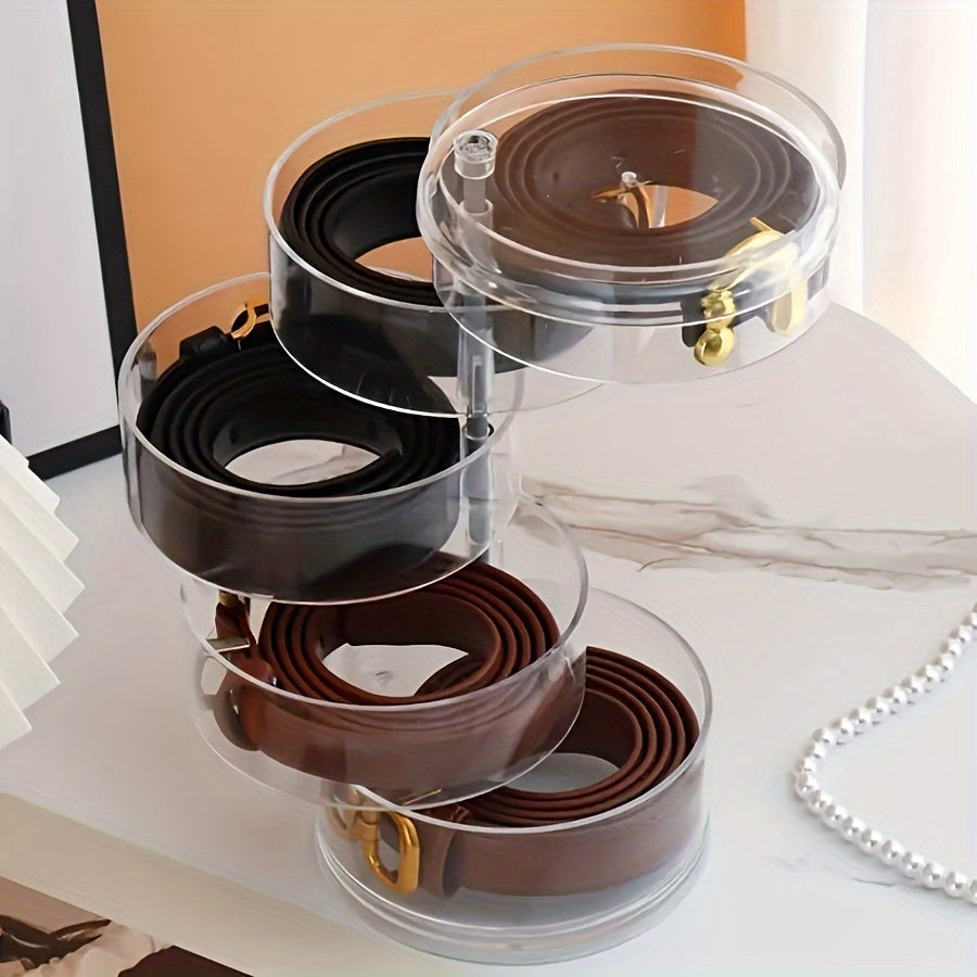 Rotating Belt Organizer with Adjustable Compartments - Stackable Storage Box for Belts, Hair Clips, Headbands, and Accessories, Clear Durable Plastic Material, No Electricity Required - Ideal for Accessory Organization