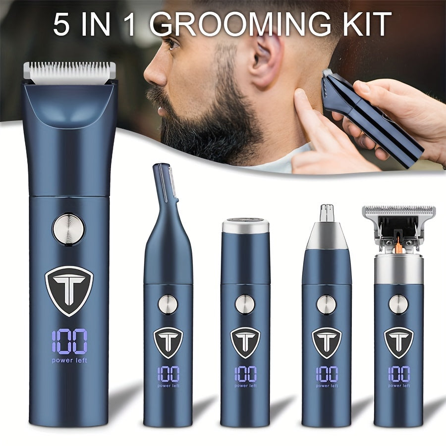 5-in-1 Professional Body Hair Trimmer for Men with Replaceable Ceramic Blade and USB Rechargeable.