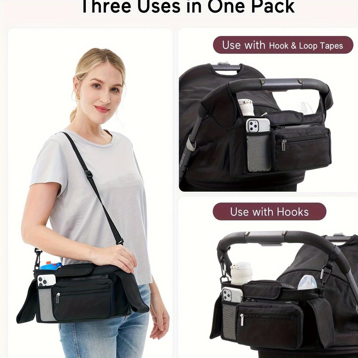 Multi-functional stroller organizer featuring an insulated cup holder, removable phone pocket, and shoulder strap - Compatible with Uppababy, Youngsters Jogger, Britax, BOB, and other strollers.