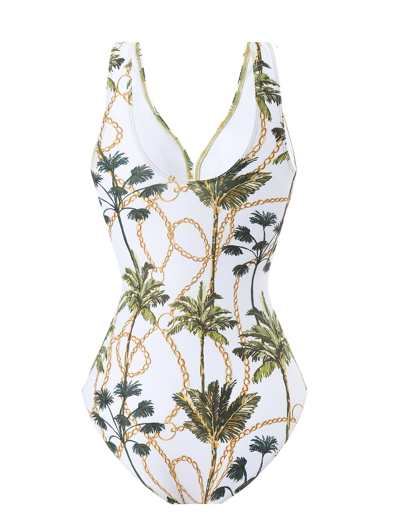 Tropical palm print two-piece swimsuit set made with high stretch knit fabric includes a V-neck one-piece swimwear and sheer sarong with removable pads, suitable for all seasons as