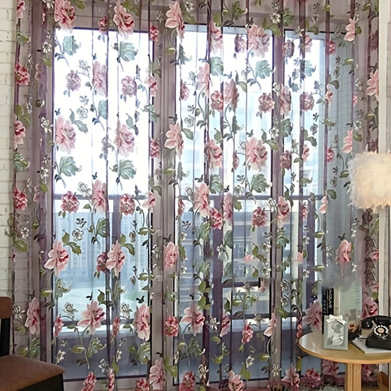 French Country Style Peony Floral Sheer Curtain - 100cm x 200cm Rod Pocket Window Treatment, machine washable for Bedroom & Living Room