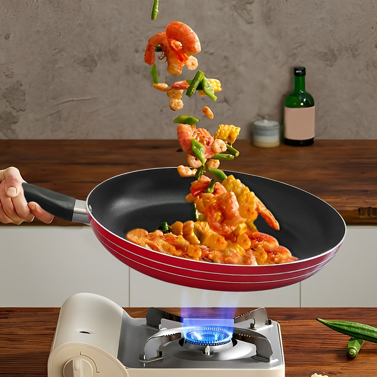 Red Aluminum Non-Stick Skillet with Easy-Grip Handle - 27.43cm Diameter, Ideal for Omelets & Pancakes, Suitable for Gas Stoves