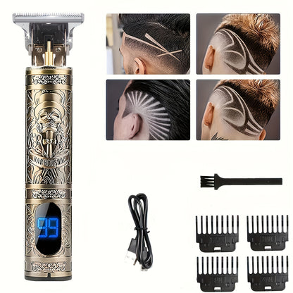 WEEME T9 Blue Light LCD Hair Clipper with USB Charging and 4 mythical beast designs. Includes accessories for precision grooming and versatile styling. ABS body and 600mAh battery for