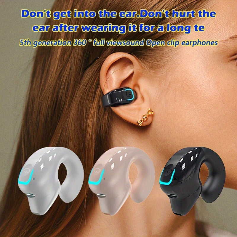 5th Gen 360° Full View Sound Clip-On Earphones with Wireless Mini Earbuds, Long Battery Life, Phone Control, Noise Cancellation, Sports Compatible, Non-Waterproof, Volume Control Button