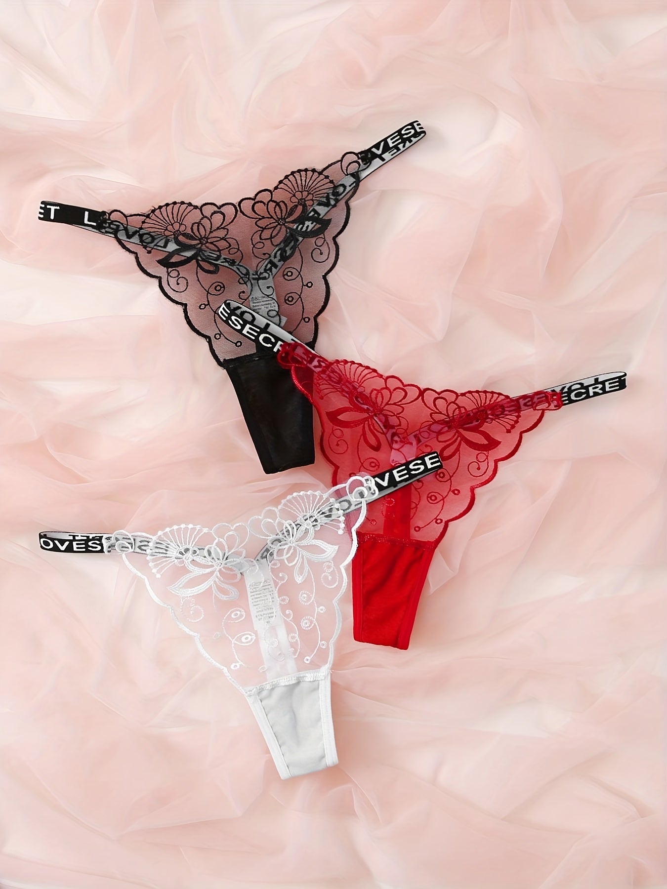 3 Floral Lace Mesh Thongs with Sheer Letter Tape, Women's Lingerie & Underwear.