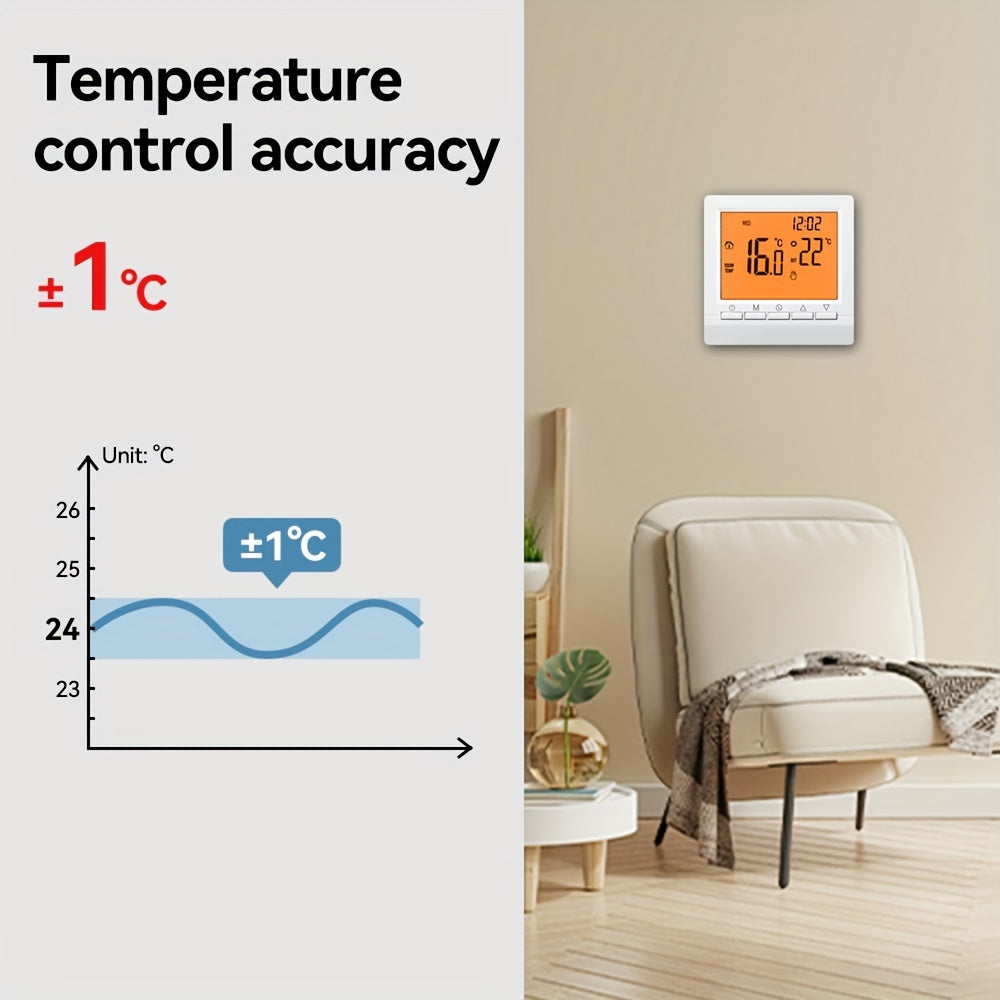 1-piece hand-controlled gas boiler thermostat with AA battery lock and smart temperature controller.