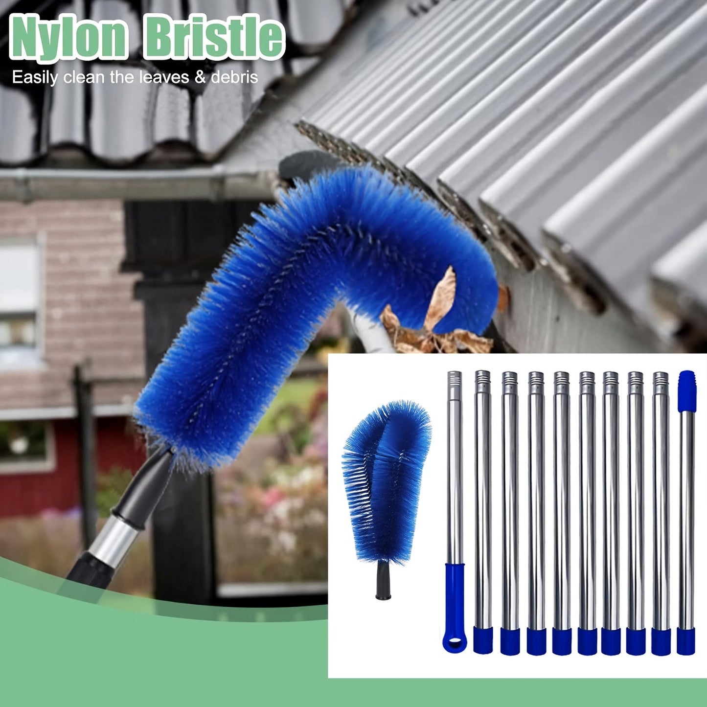 1 piece of a gutter cleaning tool measuring 4.57 meters in length. This long reach gutter brush roof tool is designed to easily remove leaves and debris from the roof. It is a must-have cleaning supply.