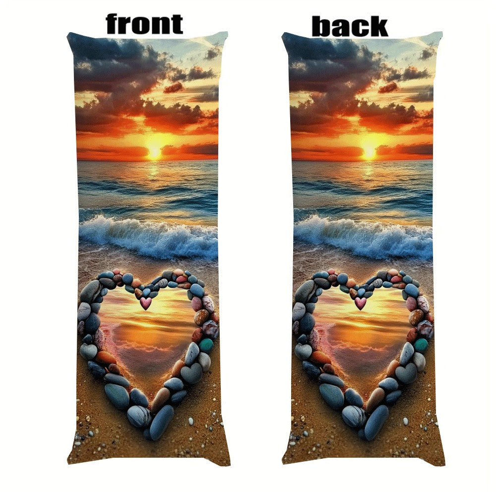 Valentine's Day Love Heart Beach Scene Ultra-Soft Plush Long Body Pillow Cover - 1 Piece, Size: 137.16x50.8cm. This Breathable and Reusable Zippered Lumbar Cushion Case is perfect for your Sofa or Bed, and is Machine Washable.